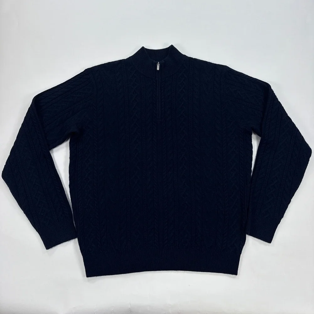 Peter Millar Mens Sweater L Blue Wool Yak Cashmere Crescent Ridge Cable 1/4 Zip